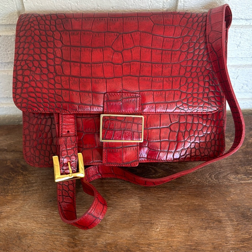 Vintage ORO Vittadini Bag red croc embossed leather purse bag gold tone